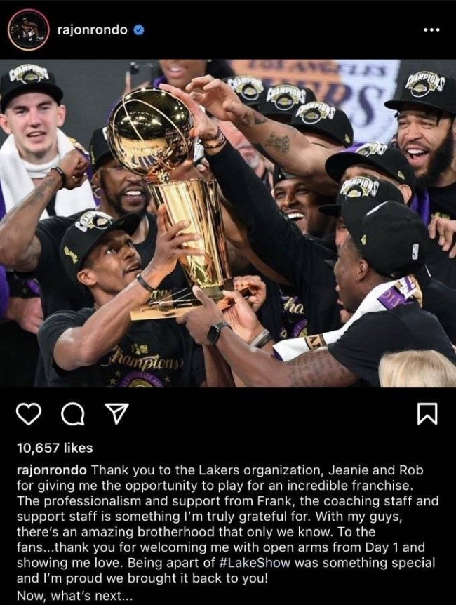 隆多发文感谢湖人