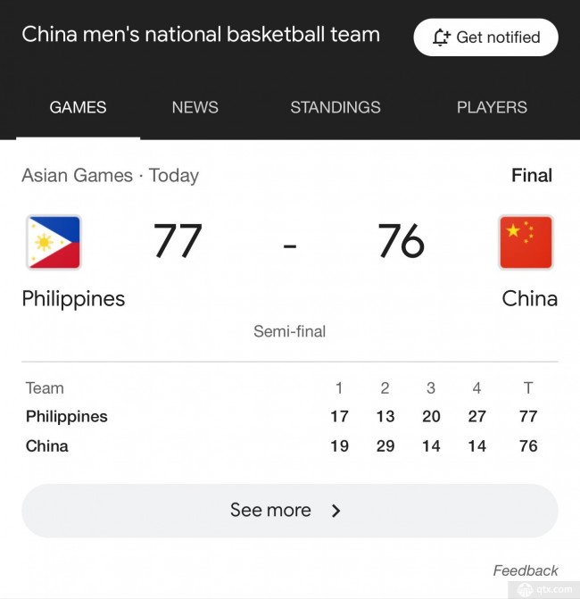 中国男篮不敌菲律宾无缘亚运决赛