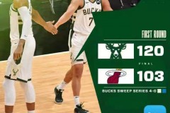 雄鹿120-103大胜热火 字母哥20+12+15率队横扫热火晋级次轮