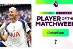 理查利松当选英超首轮最佳球员 球员梅开二度助热刺取得胜利