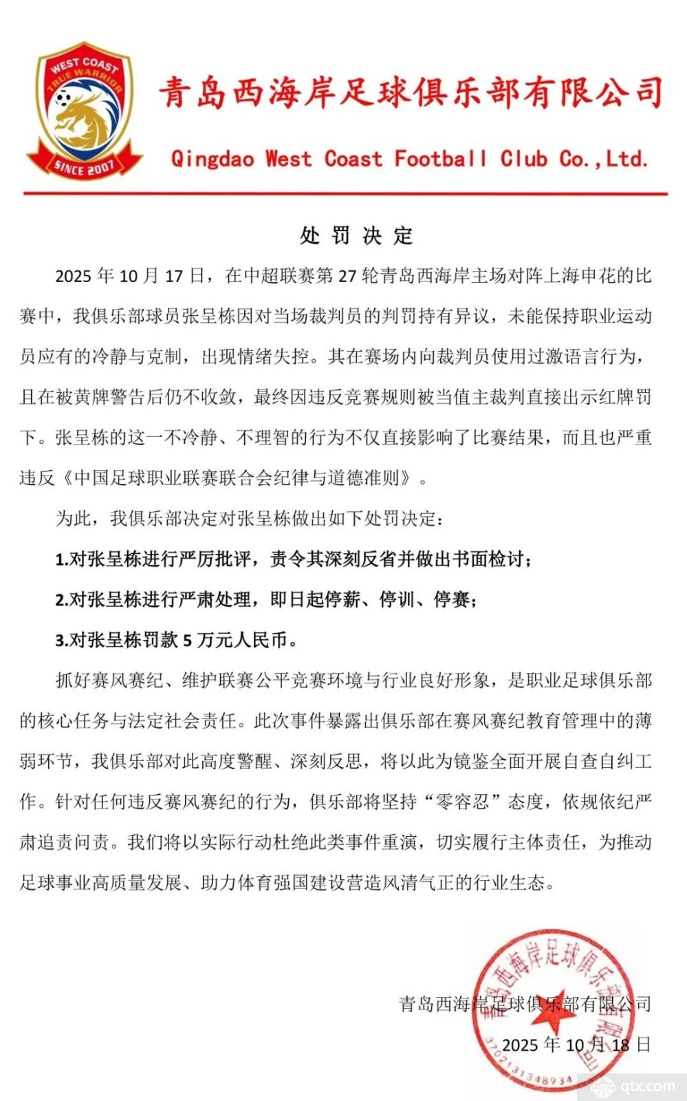 张呈栋被俱乐部重罚5万