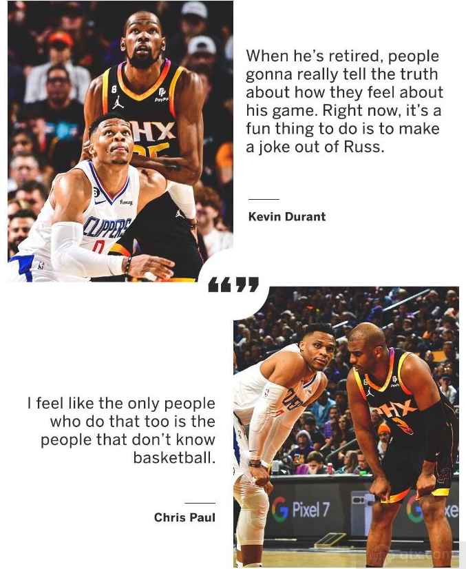 太阳球员凯文-杜兰特和克里斯-保罗在赛后力挺快船球员拉塞尔-维斯布鲁克