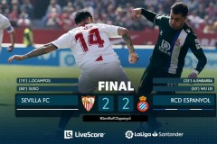 西甲-塞维利亚2-2西班牙人 武磊首发进球苏索传射