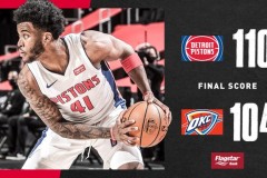 活塞110-106险胜雷霆 斯图尔特15+22率队送雷霆九连败