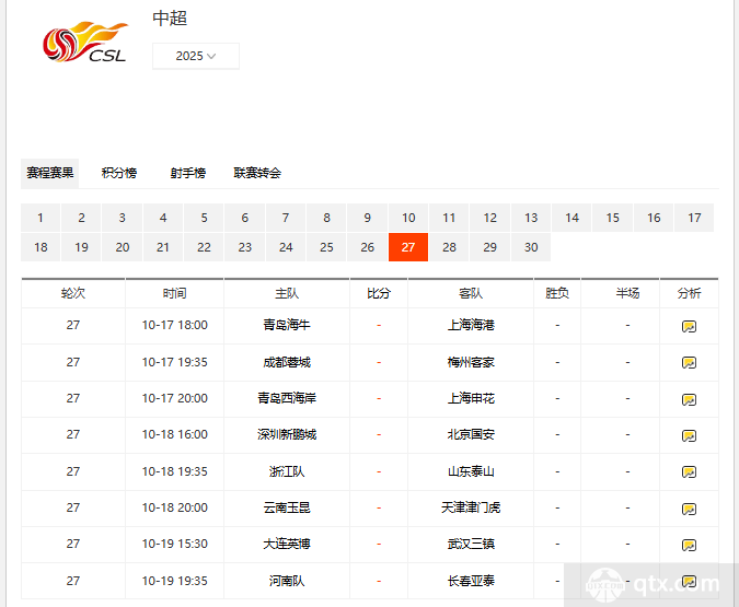 2025中超联赛第27轮赛程直播时间表
